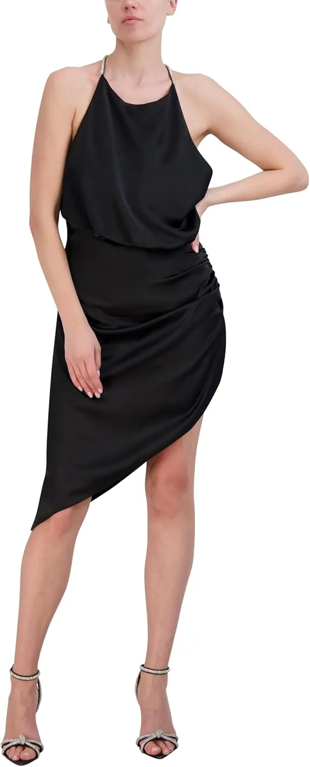 BCBGMAXAZRIA Women's Sleeveless Asymmetrical Halter Neck Midi Dress