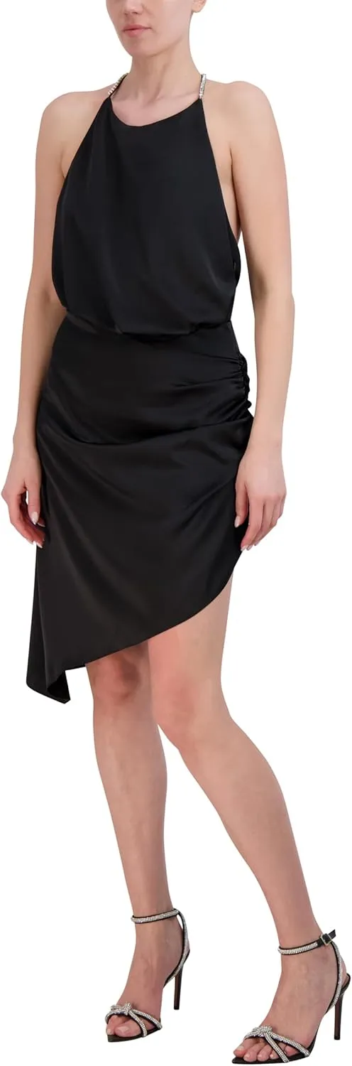 BCBGMAXAZRIA Women's Sleeveless Asymmetrical Halter Neck Midi Dress