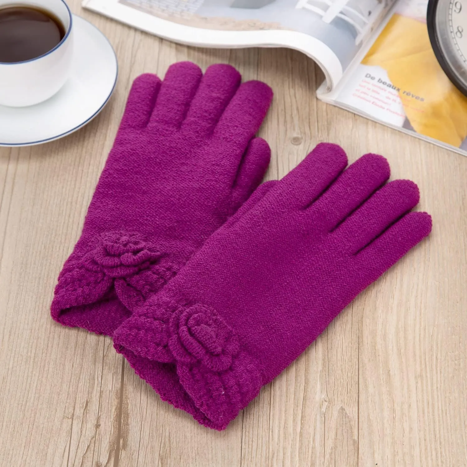 Be Your Own Style BYOS Women’s Winter Fashion Flower Cuff Warm Faux Fur Fleece Lined Knit Gloves