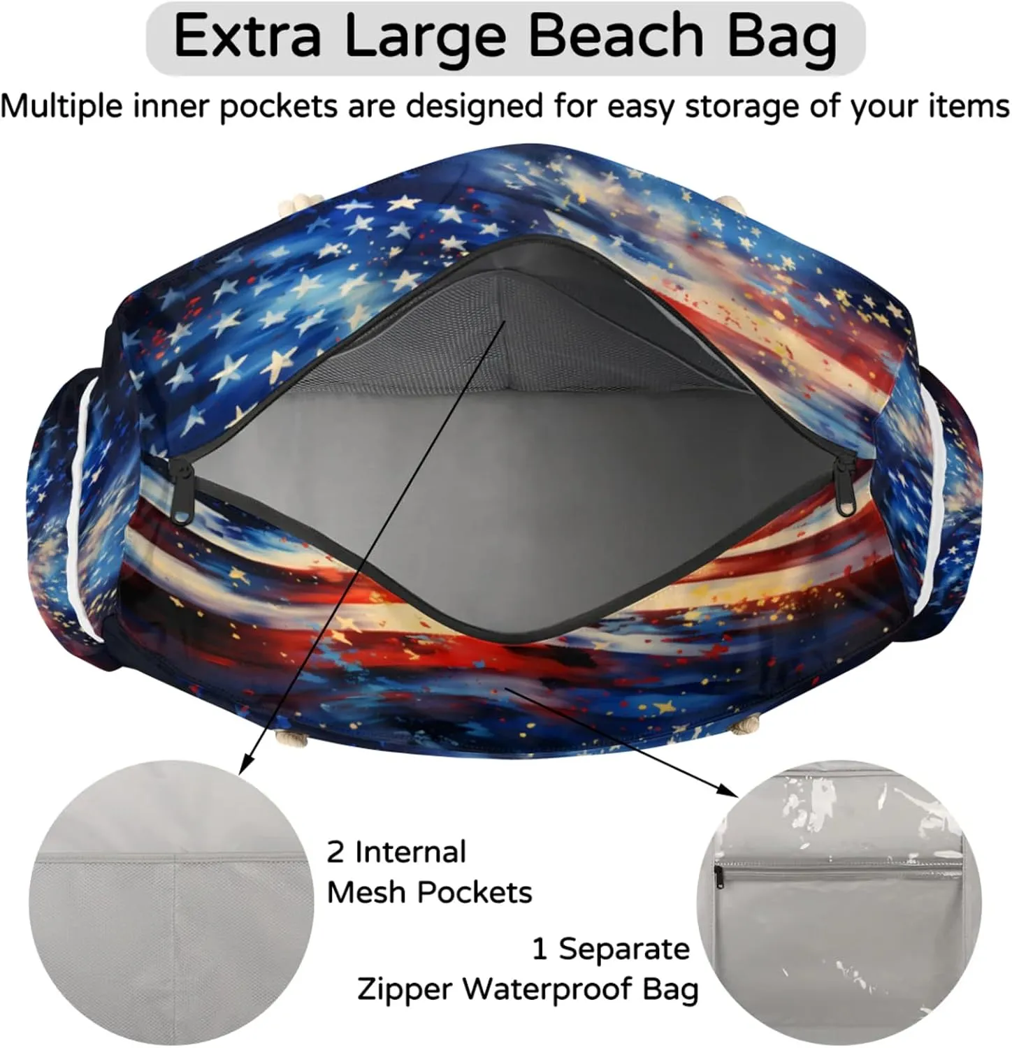 Beach Bags for Women Large Beach Tote Bag, Waterproof Sandproof Swim Pool Bag with Zipper