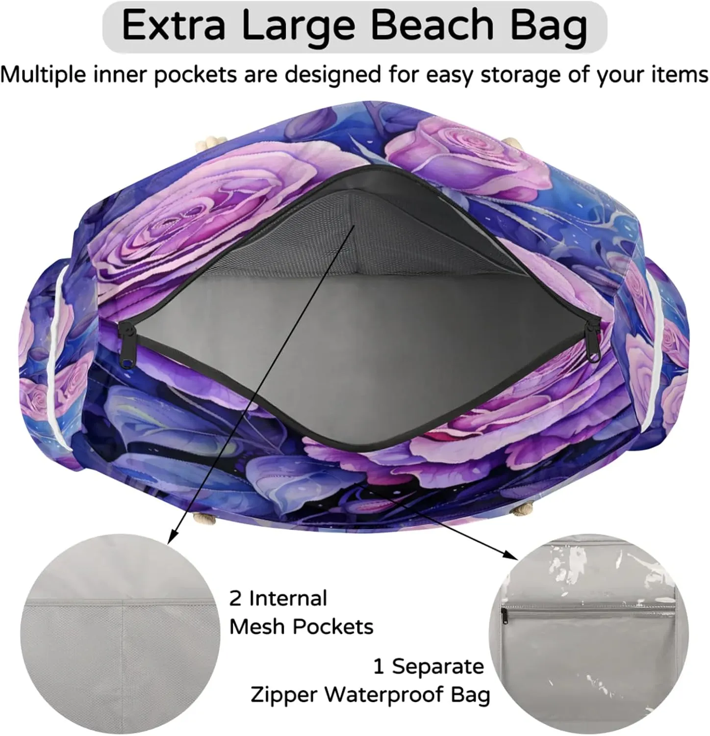 Beach Bags for Women Large Beach Tote Bag, Waterproof Sandproof Swim Pool Bag with Zipper