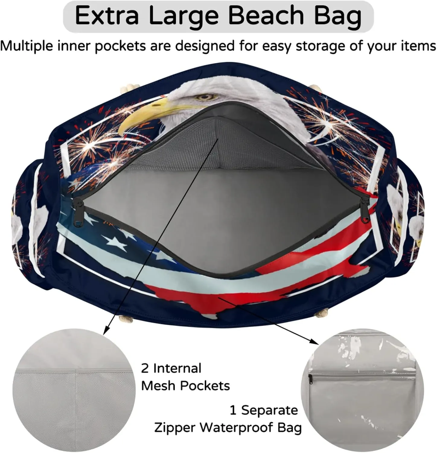 Beach Bags for Women Large Beach Tote Bag, Waterproof Sandproof Swim Pool Bag with Zipper