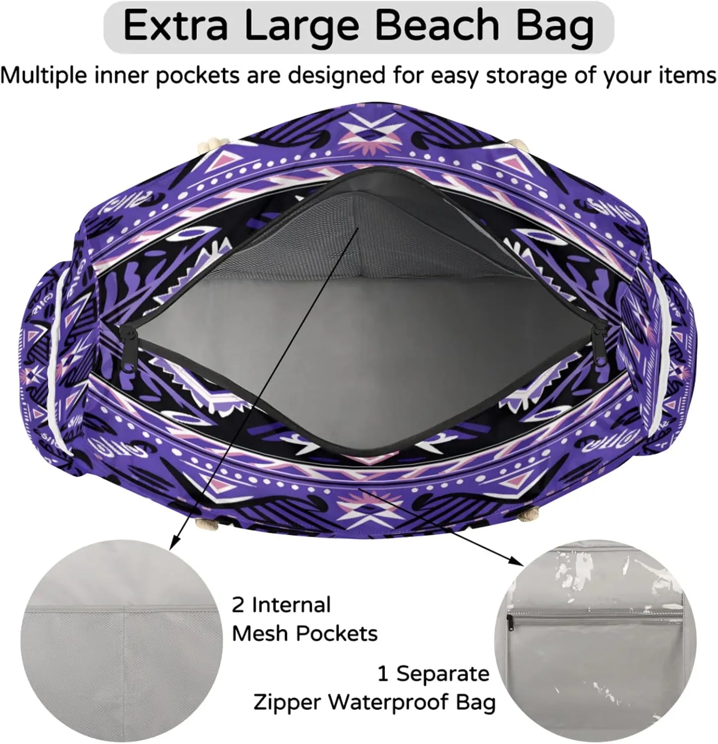 Beach Bags for Women Large Beach Tote Bag, Waterproof Sandproof Swim Pool Bag with Zipper