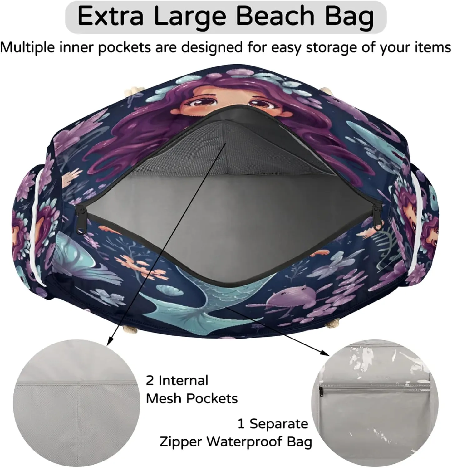 Beach Bags for Women Large Beach Tote Bag, Waterproof Sandproof Swim Pool Bag with Zipper