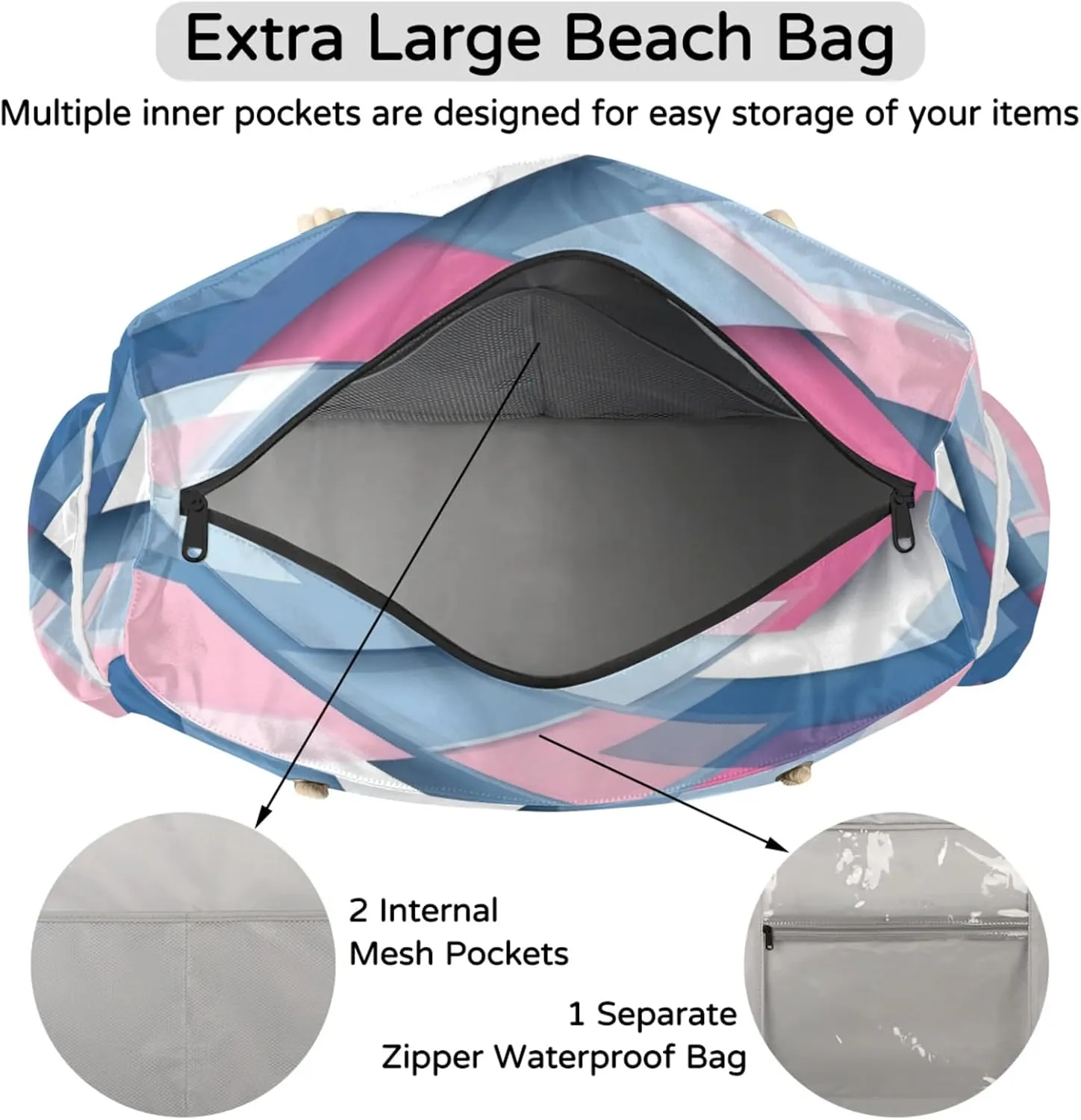 Beach Bags for Women Large Beach Tote Bag, Waterproof Sandproof Swim Pool Bag with Zipper