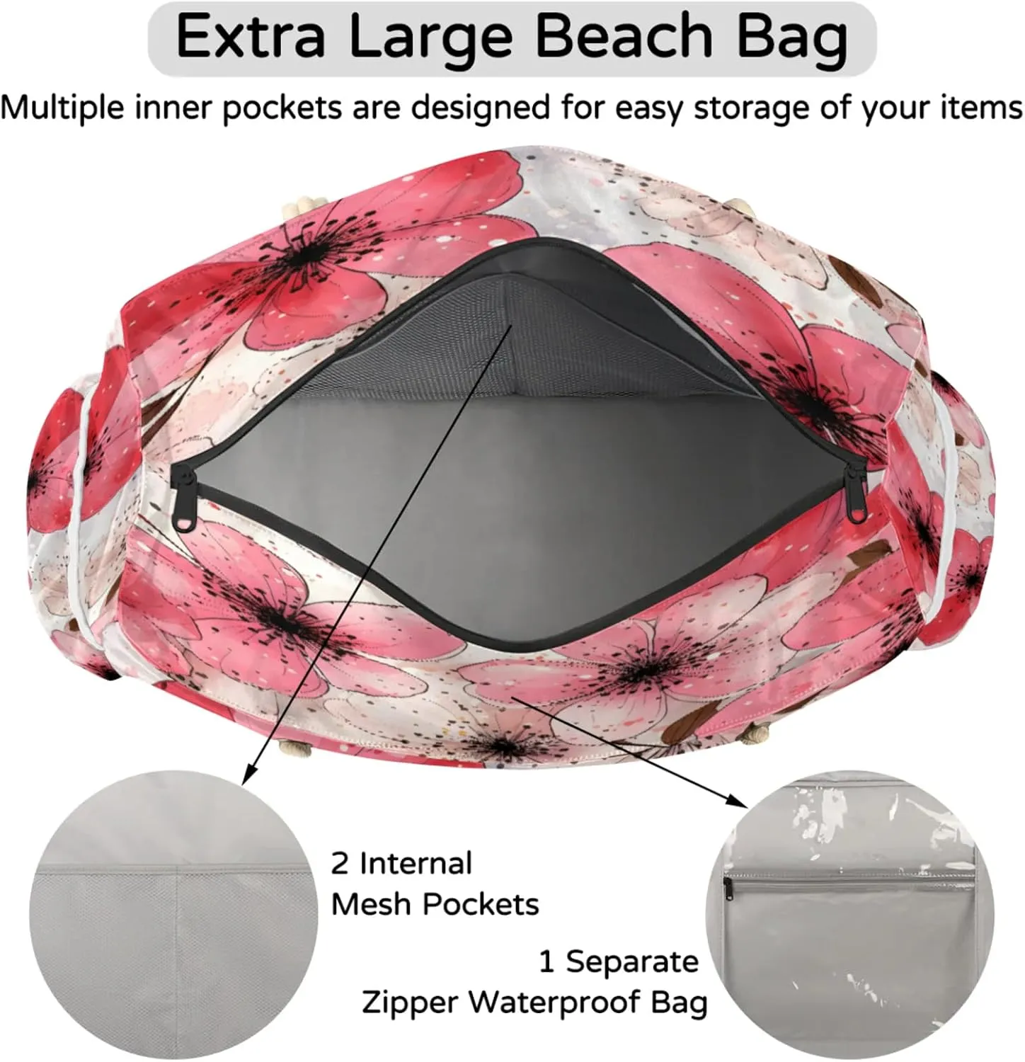 Beach Bags for Women Large Beach Tote Bag, Waterproof Sandproof Swim Pool Bag with Zipper