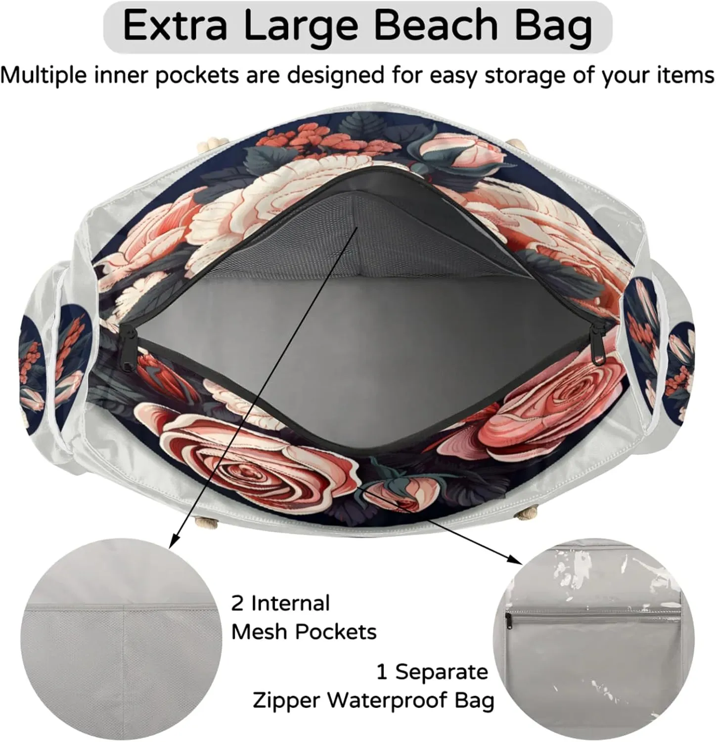 Beach Bags for Women Large Beach Tote Bag, Waterproof Sandproof Swim Pool Bag with Zipper