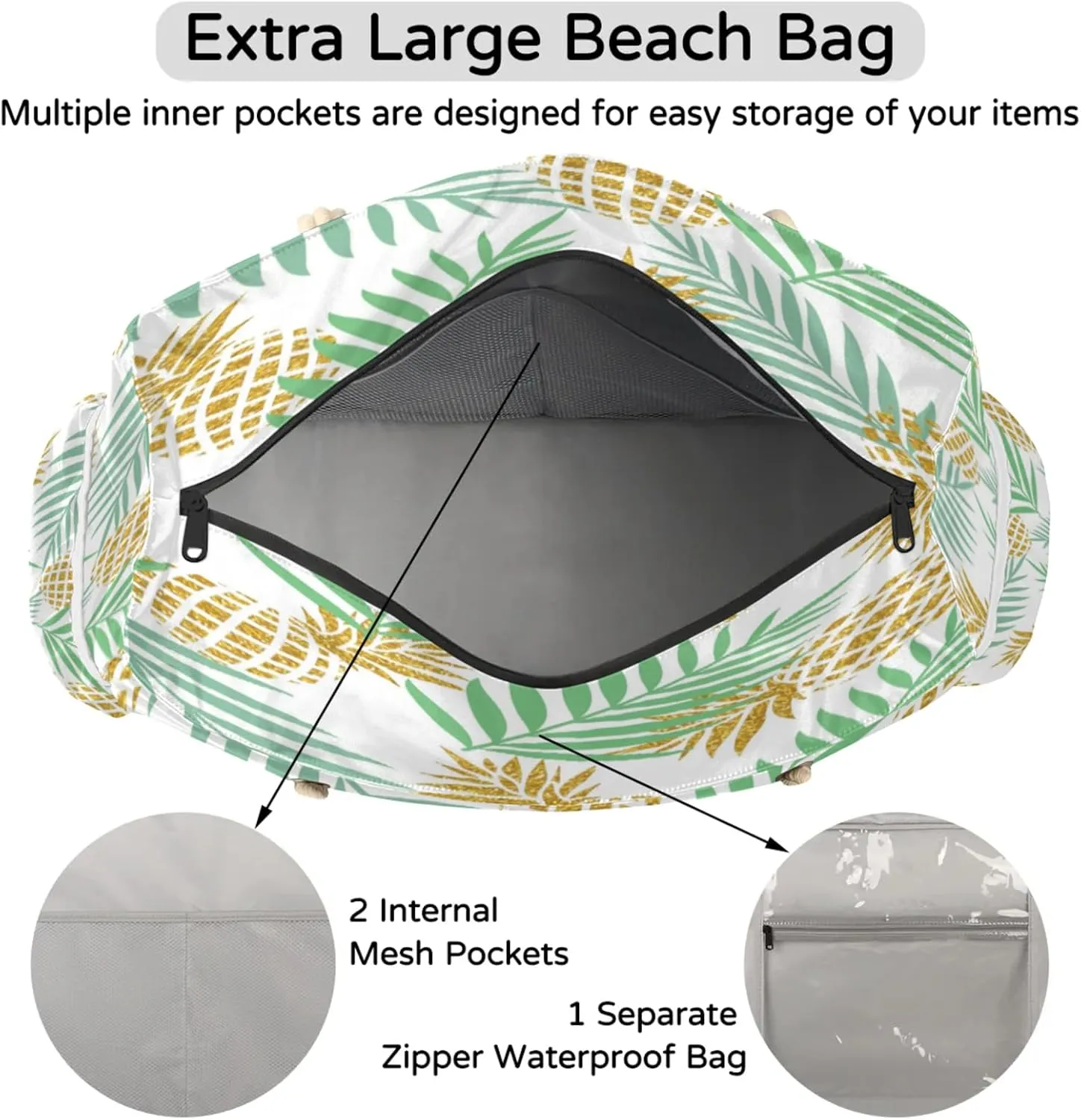 Beach Bags for Women Large Beach Tote Bag, Waterproof Sandproof Swim Pool Bag with Zipper