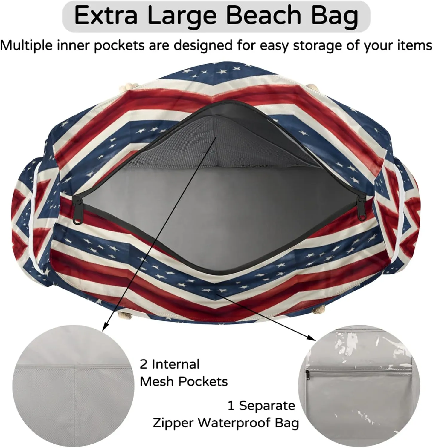 Beach Bags for Women Large Beach Tote Bag, Waterproof Sandproof Swim Pool Bag with Zipper