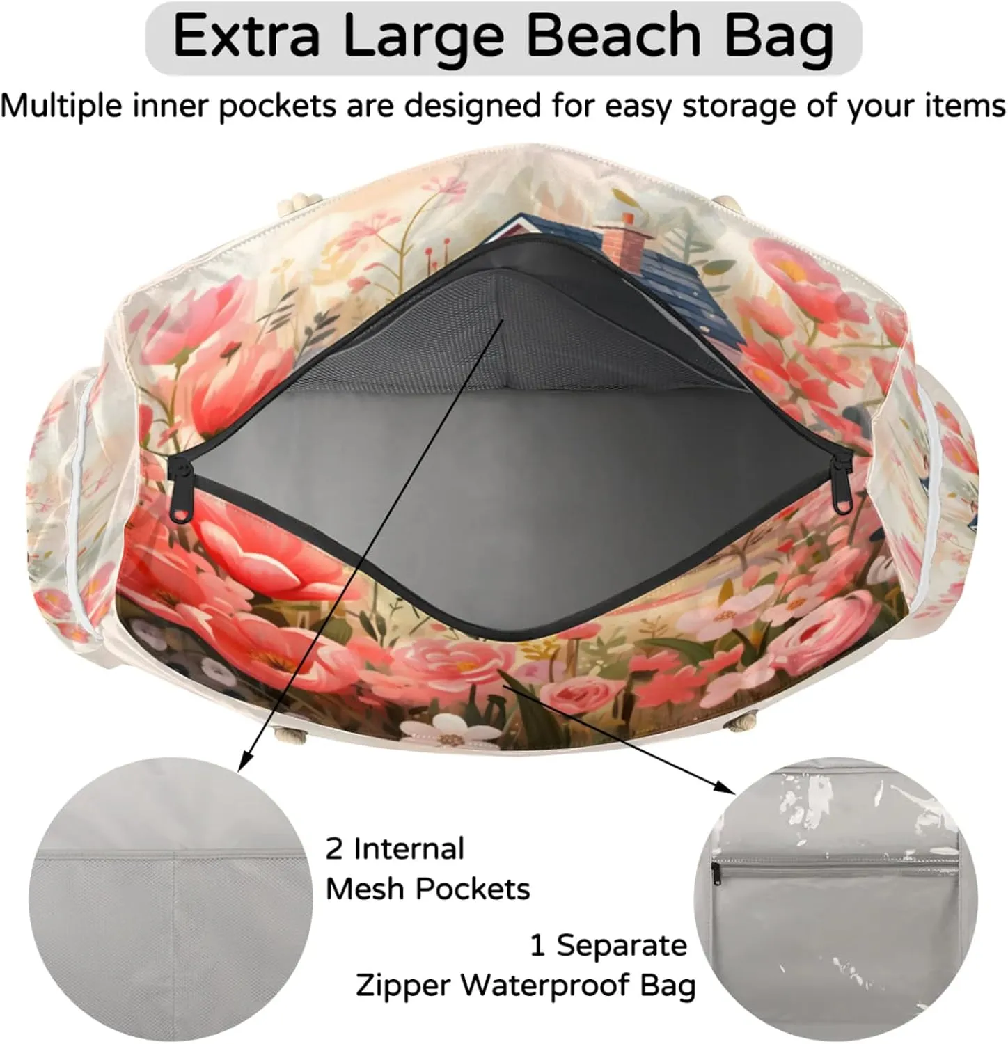 Beach Bags for Women Large Beach Tote Bag, Waterproof Sandproof Swim Pool Bag with Zipper
