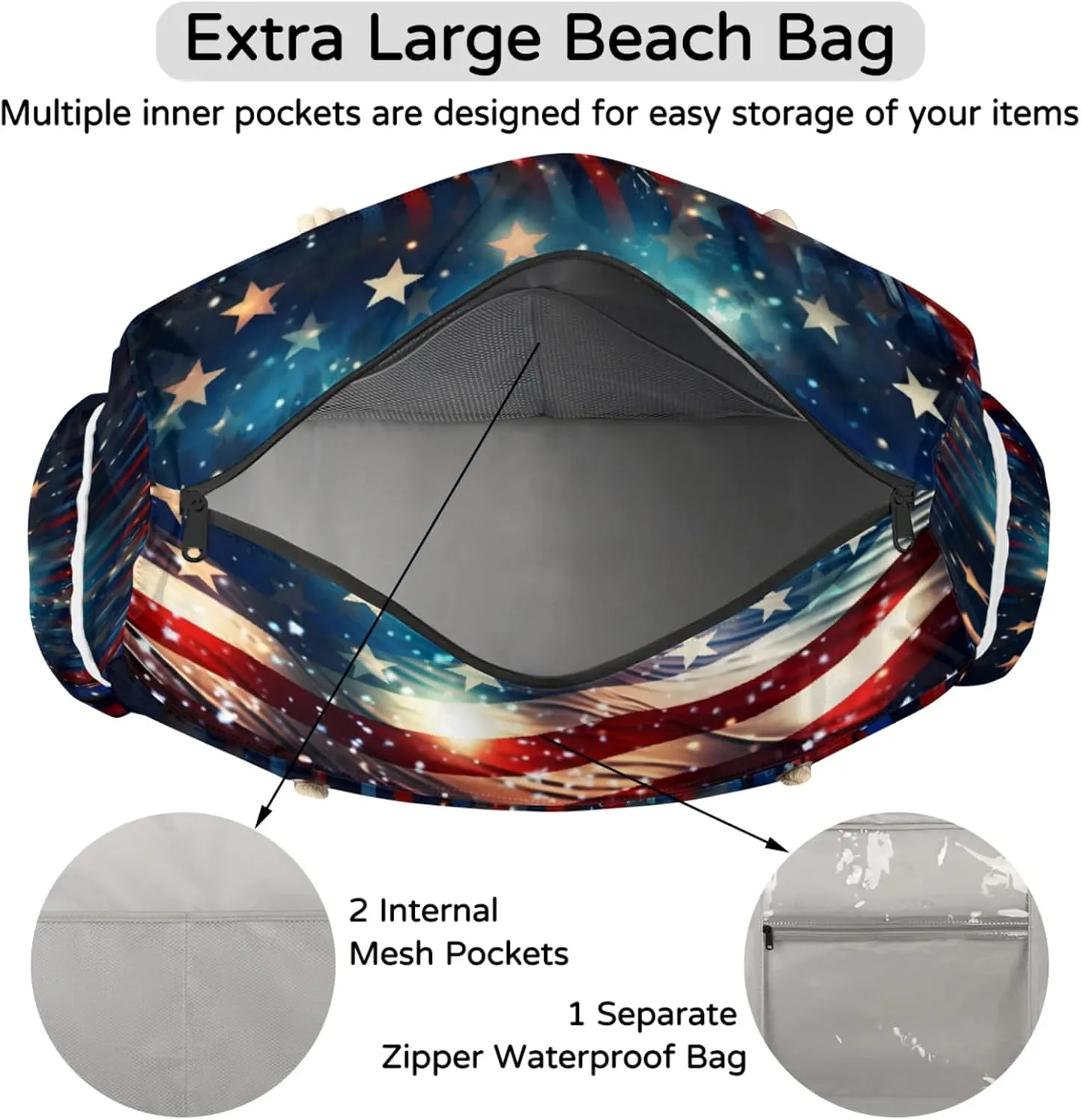 Beach Bags for Women Large Beach Tote Bag, Waterproof Sandproof Swim Pool Bag with Zipper