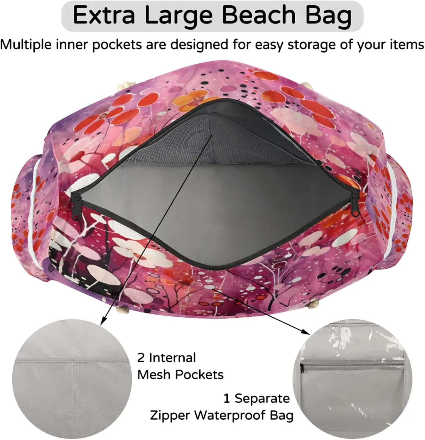 Beach Bags for Women Large Beach Tote Bag, Waterproof Sandproof Swim Pool Bag with Zipper