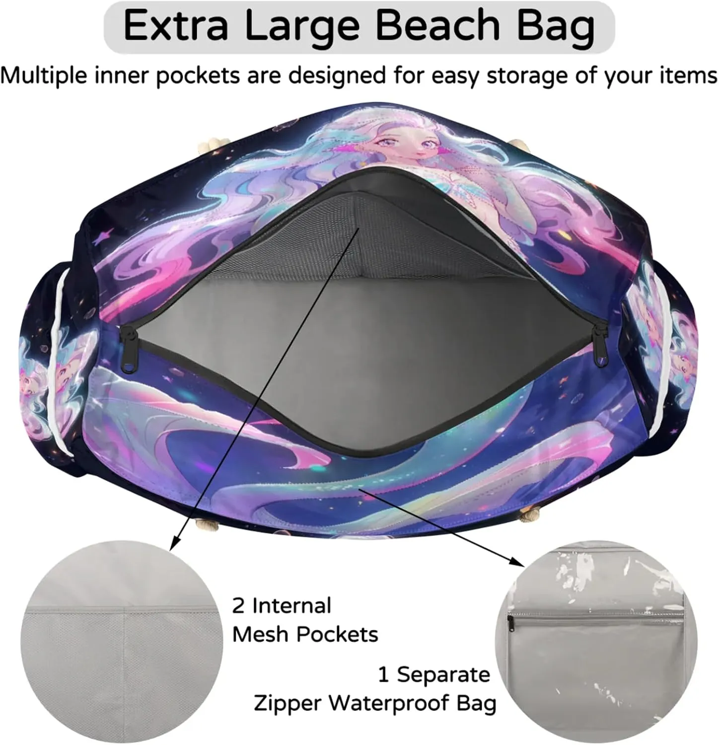Beach Bags for Women Large Beach Tote Bag, Waterproof Sandproof Swim Pool Bag with Zipper