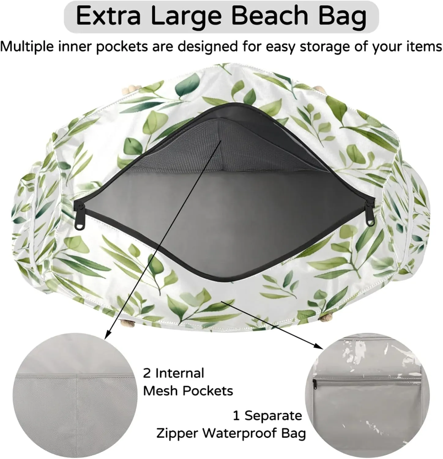 Beach Bags for Women Large Beach Tote Bag, Waterproof Sandproof Swim Pool Bag with Zipper