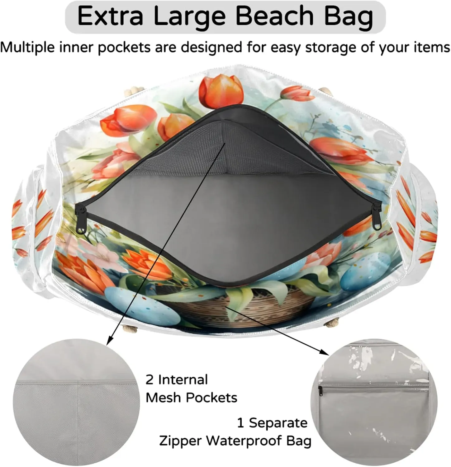 Beach Bags for Women Large Beach Tote Bag, Waterproof Sandproof Swim Pool Bag with Zipper