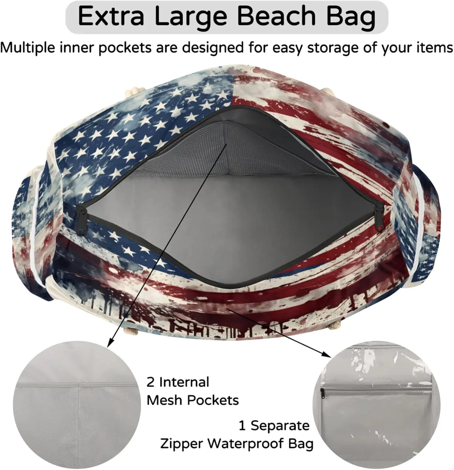 Beach Bags for Women Large Beach Tote Bag, Waterproof Sandproof Swim Pool Bag with Zipper