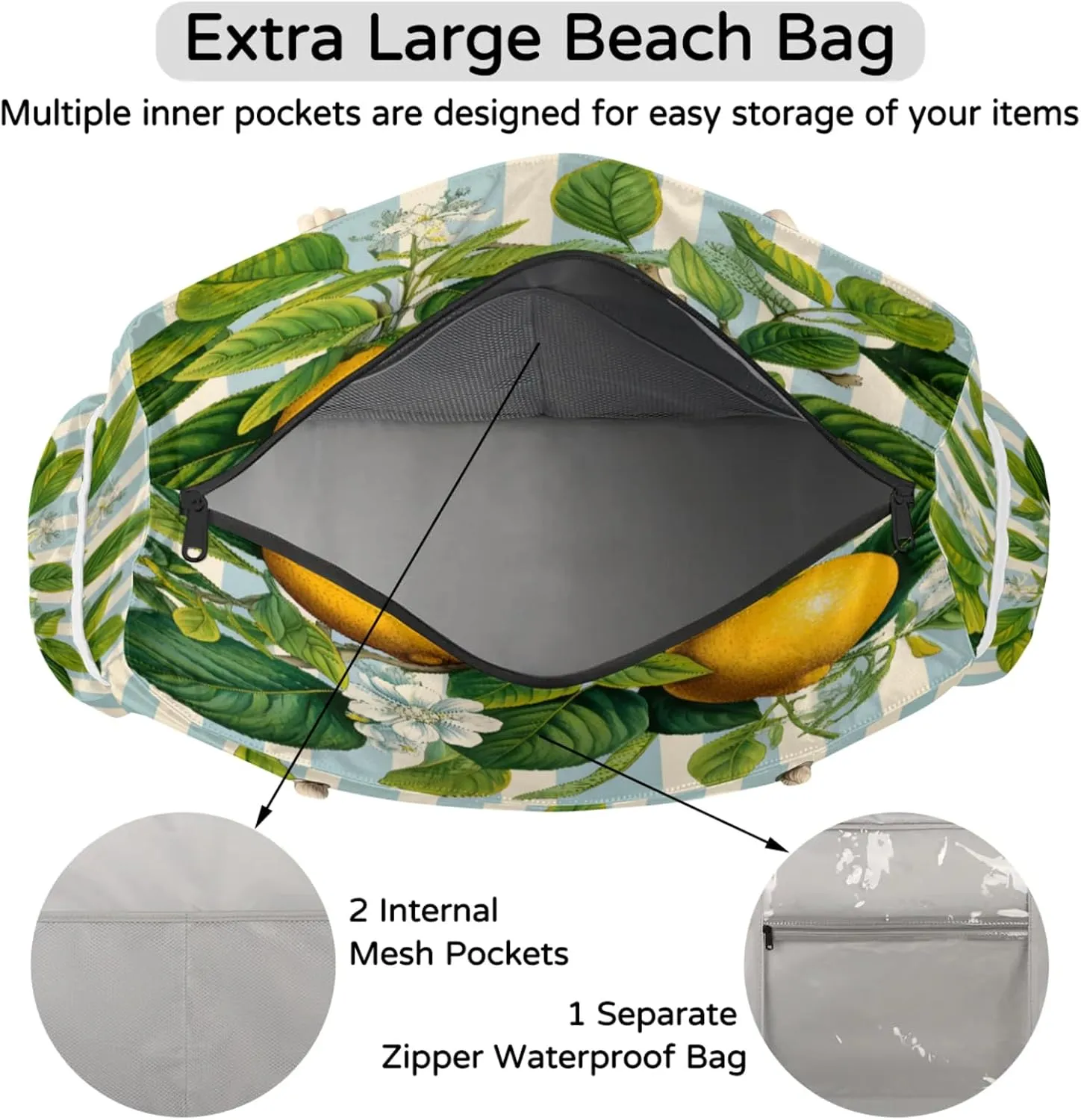 Beach Bags for Women Large Beach Tote Bag, Waterproof Sandproof Swim Pool Bag with Zipper