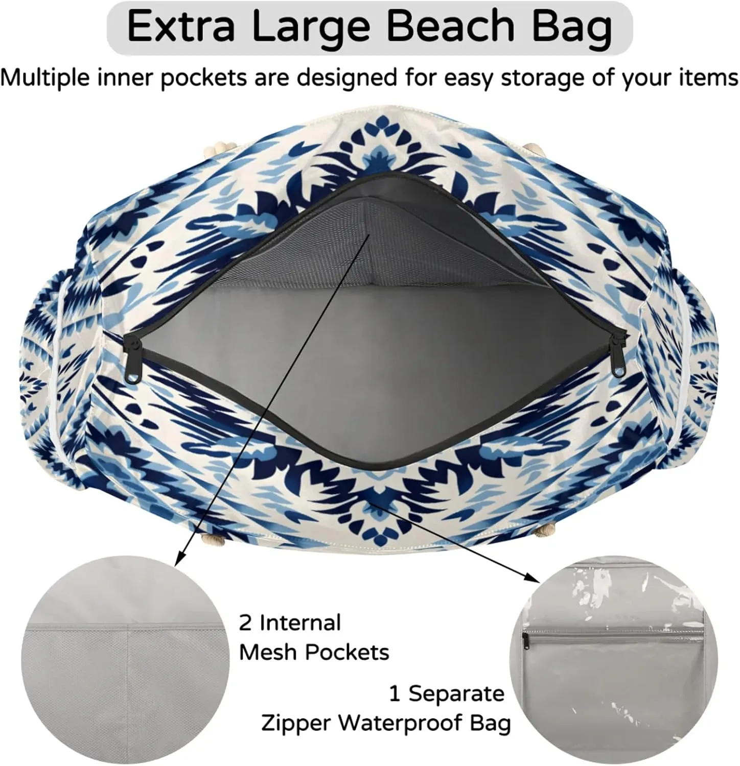 Beach Bags for Women Large Beach Tote Bag, Waterproof Sandproof Swim Pool Bag with Zipper
