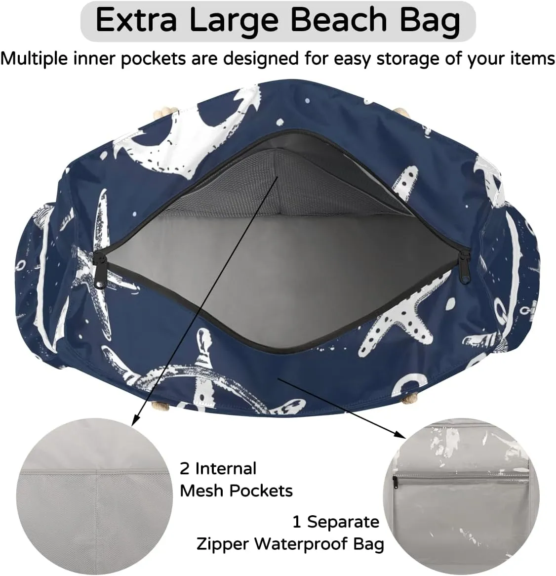 Beach Bags for Women Large Beach Tote Bag with Zipper Waterproof Sandproof Swim Pool Bag