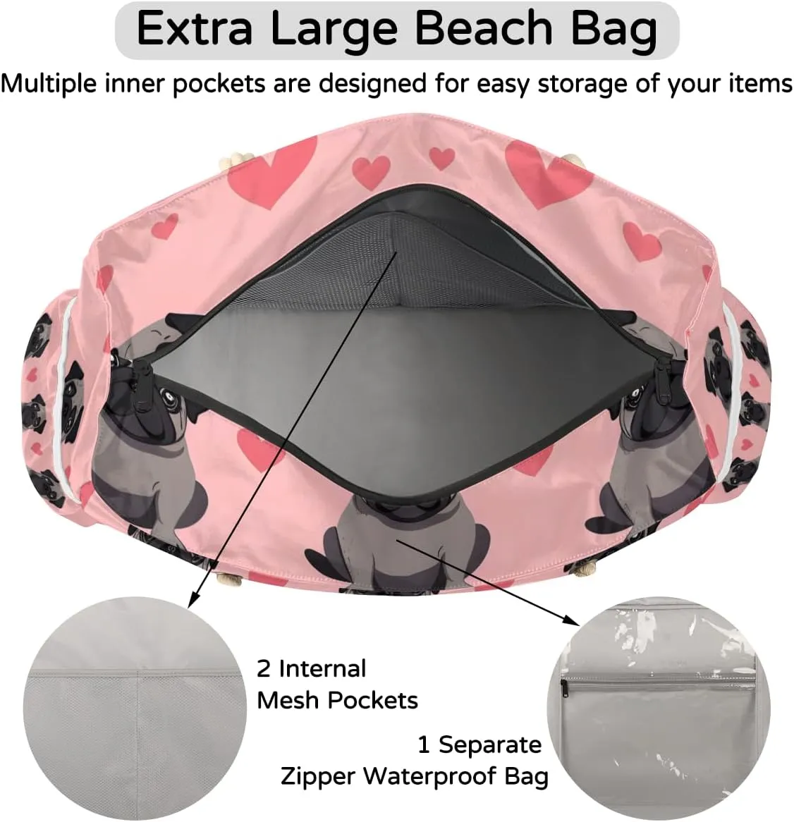 Beach Bags for Women Large Beach Tote Bag with Zipper Waterproof Sandproof Swim Pool Bag