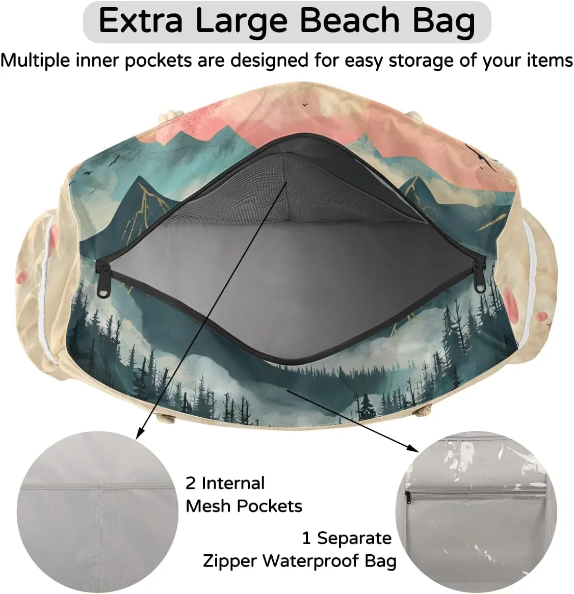 Beach Bags for Women Large Beach Tote Bag with Zipper Waterproof Sandproof Swim Pool Bag