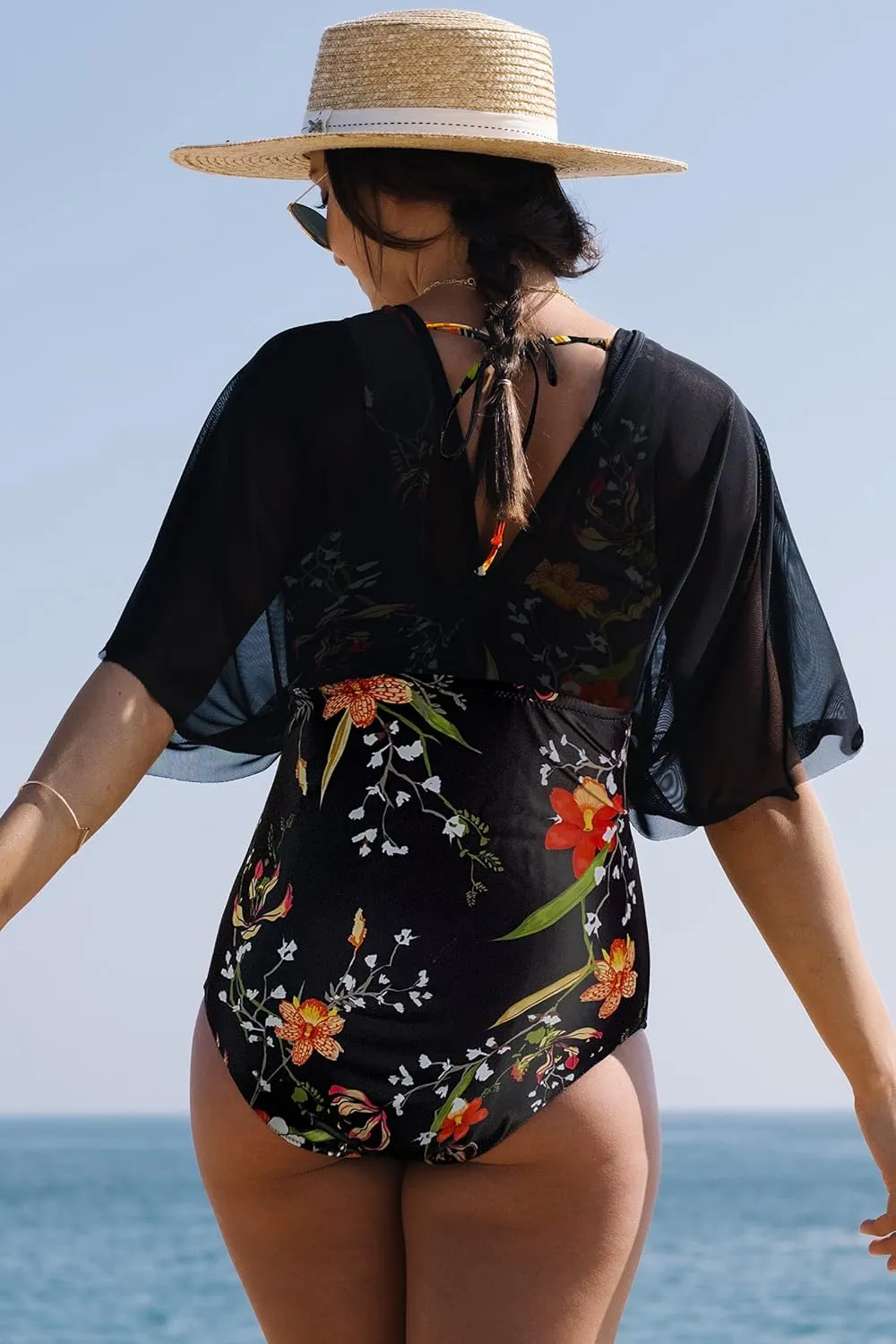Beachsissi Women's One Piece Floral Mesh Patchwork Swimwear