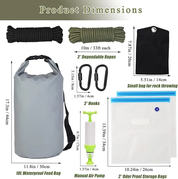 Bear Food Bag Hanging System, Bear Bags for Food Backpacking, 10L Waterproof Bear Bag, Nylon Ropes, Clips, Rock Pouch, Storage Food Bag and Manual Vacuum Pump Camping Bear Protection Products