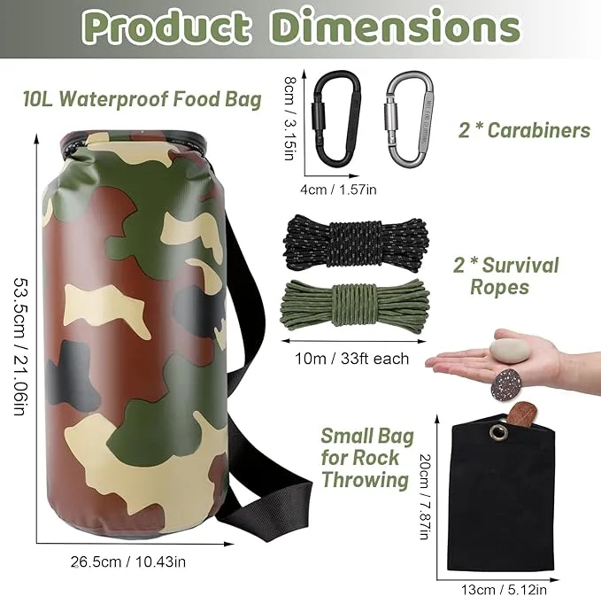 Bear Food Bag Hanging System, Ultralight Camping Bear Bag Kit Include 10L Waterproof Bear Bag, Pulley System with Survival Utility Ropes, Clips, Rock Pouch and Instructions