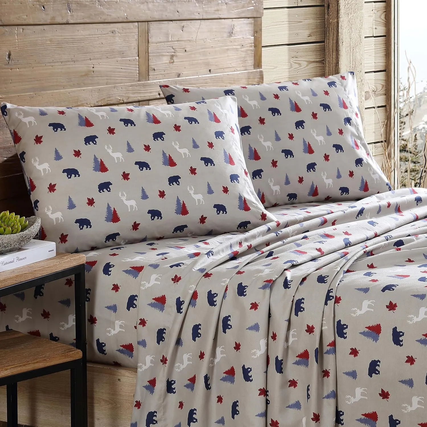 Beatrice Home Fashions Cozy Cabin 4-Piece King Microfiber Bedding Sheet Set with Deep Pockets Rustic Patchwork Plaid Deer, Americana