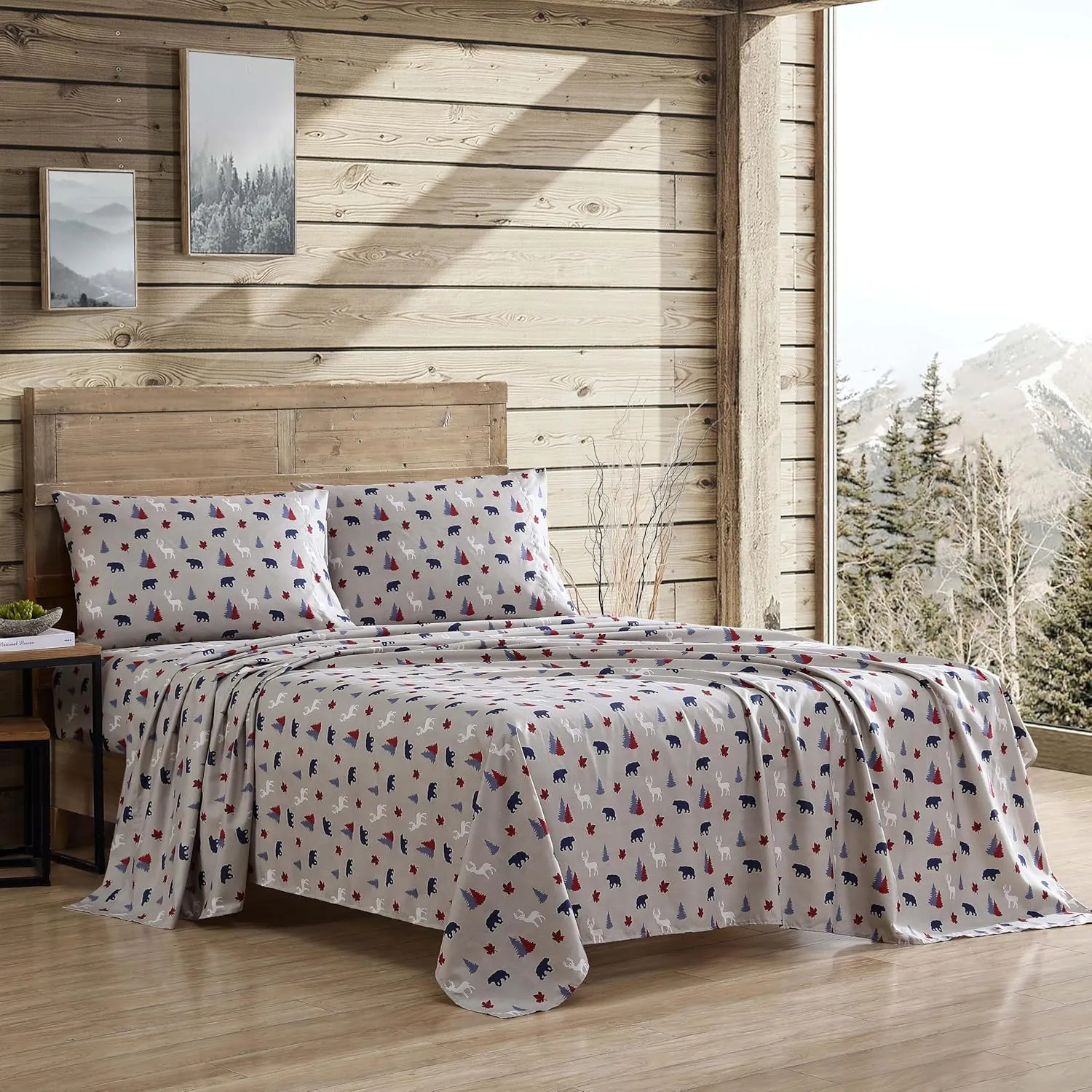 Beatrice Home Fashions Cozy Cabin 4-Piece King Microfiber Bedding Sheet Set with Deep Pockets Rustic Patchwork Plaid Deer, Americana