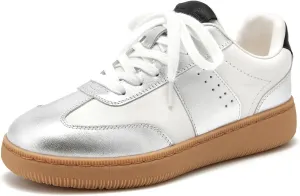 BEAU TODAY Fashion Sneakers Women,Leather Casual Lace Up Retro OG Sneakers,Comfortable Tennis Runnig Trainer Shoes Silver US 6