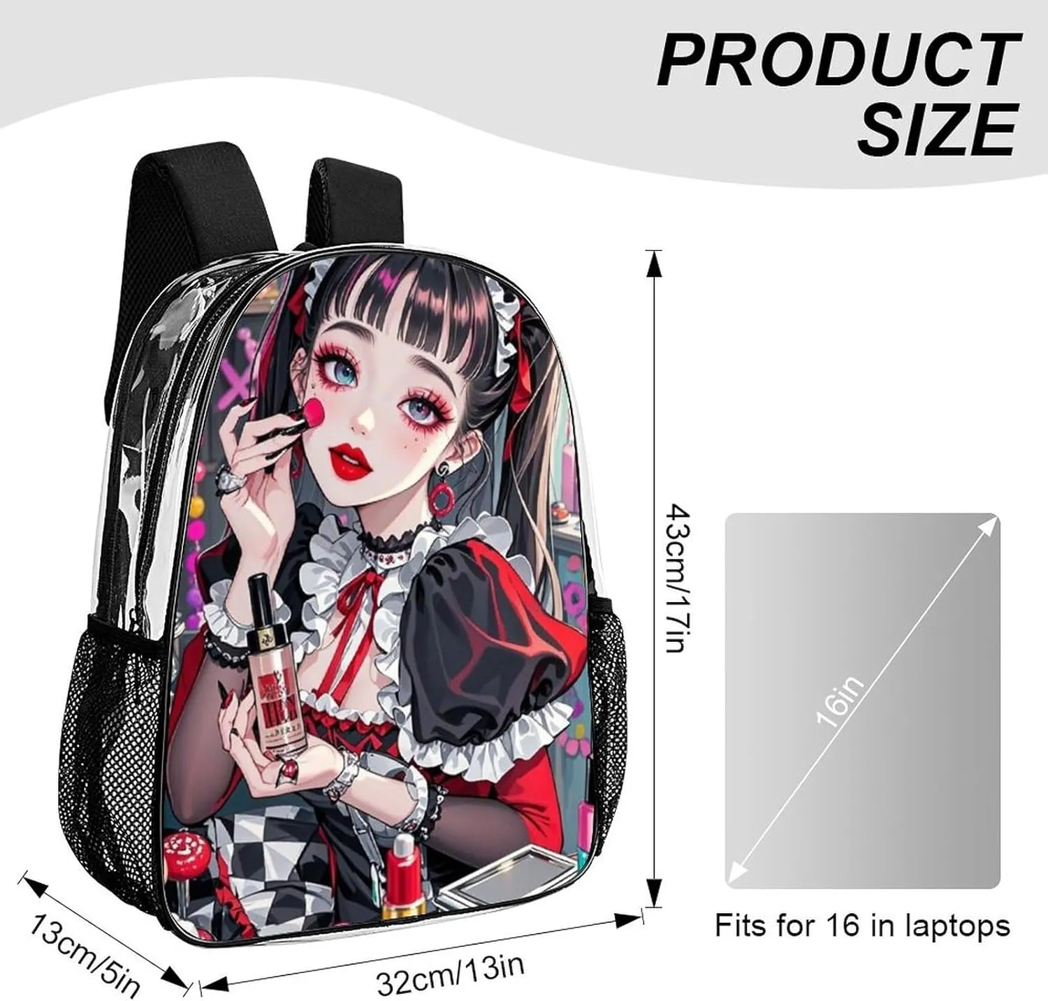 Beautiful Gothic Makeup Women Neon Art Backpack Lightweight Anti-Theft Multipurpose Shoulder Bag Large Capacity Travel Hiking Backpack Transparent Bag