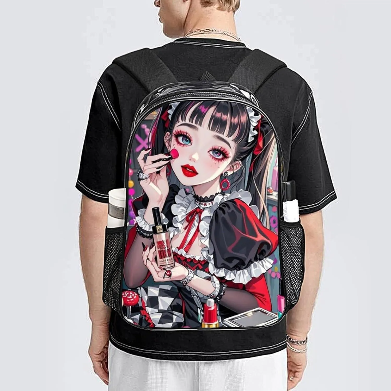 Beautiful Gothic Makeup Women Neon Art Backpack Lightweight Anti-Theft Multipurpose Shoulder Bag Large Capacity Travel Hiking Backpack Transparent Bag