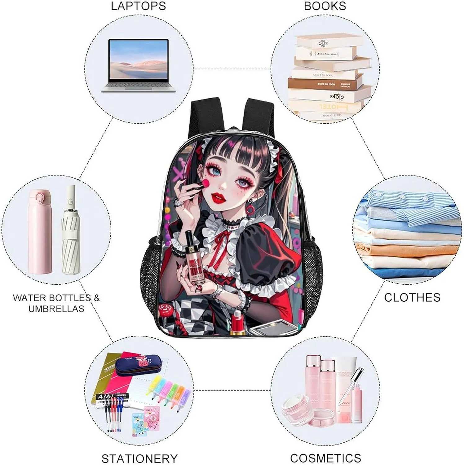Beautiful Gothic Makeup Women Neon Art Backpack Lightweight Anti-Theft Multipurpose Shoulder Bag Large Capacity Travel Hiking Backpack Transparent Bag