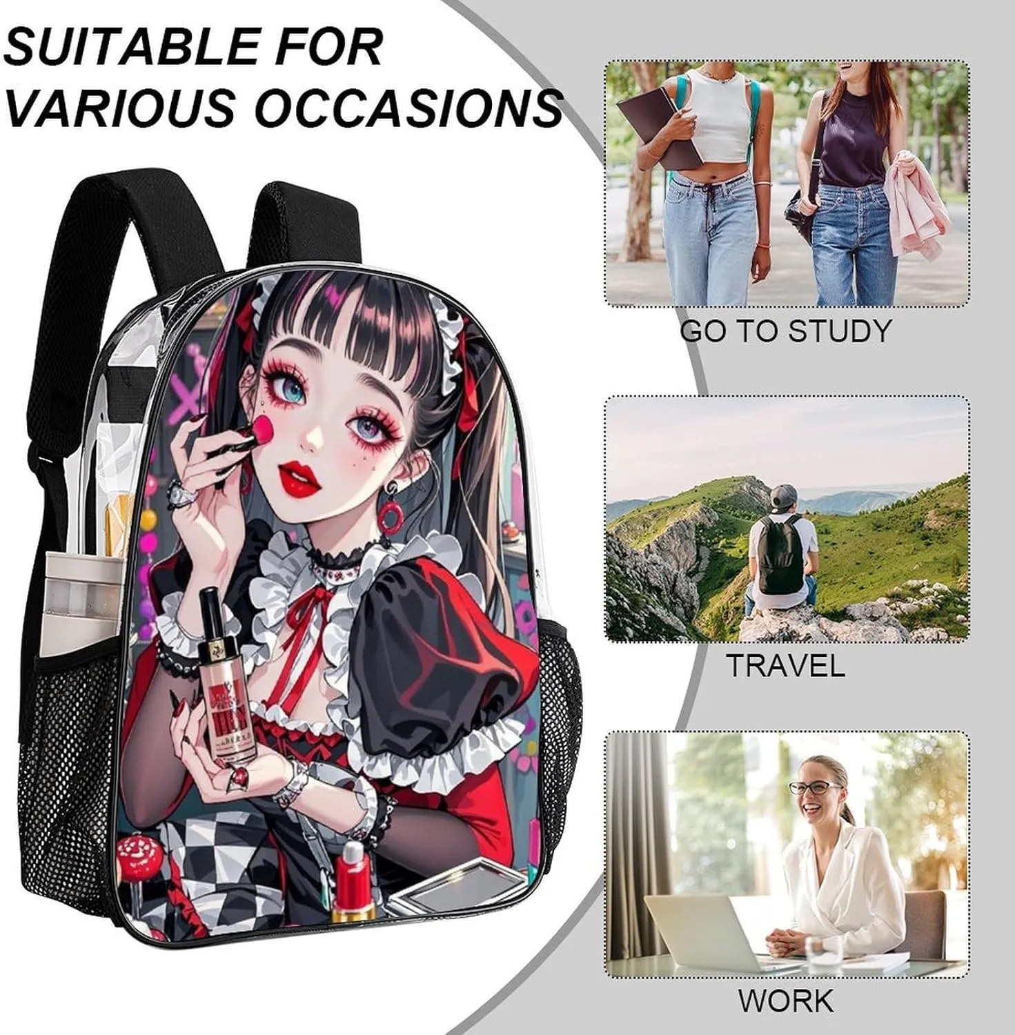 Beautiful Gothic Makeup Women Neon Art Backpack Lightweight Anti-Theft Multipurpose Shoulder Bag Large Capacity Travel Hiking Backpack Transparent Bag