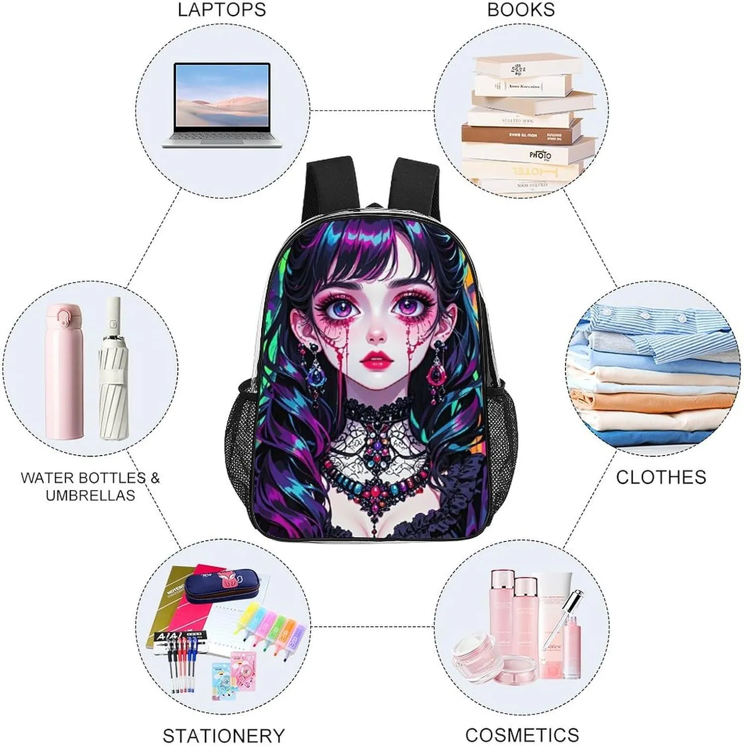 Beautiful Women Gothic Women Skull Neon Art Daypack Backpack Transparent Anti-Theft Multipurpose Bookbag Big Capacity Travel Hiking & Camping Rucksack With Smooth Zippers