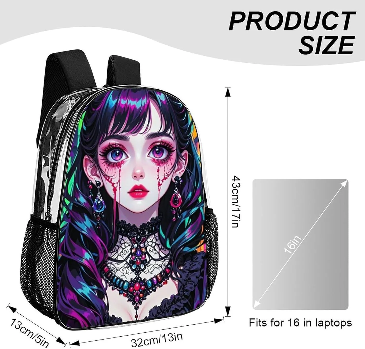 Beautiful Women Gothic Women Skull Neon Art Daypack Backpack Transparent Anti-Theft Multipurpose Bookbag Big Capacity Travel Hiking & Camping Rucksack With Smooth Zippers