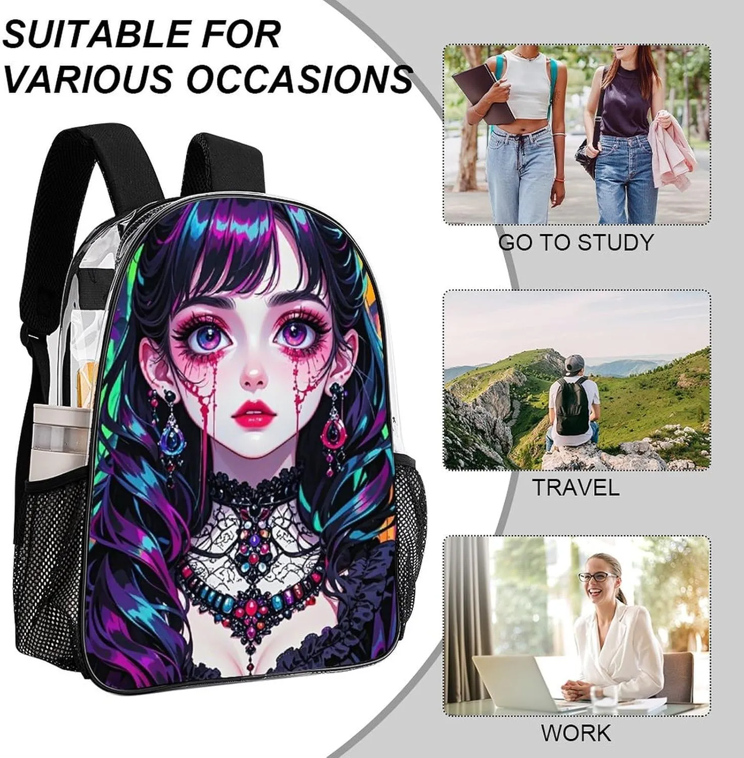 Beautiful Women Gothic Women Skull Neon Art Daypack Backpack Transparent Anti-Theft Multipurpose Bookbag Big Capacity Travel Hiking & Camping Rucksack With Smooth Zippers