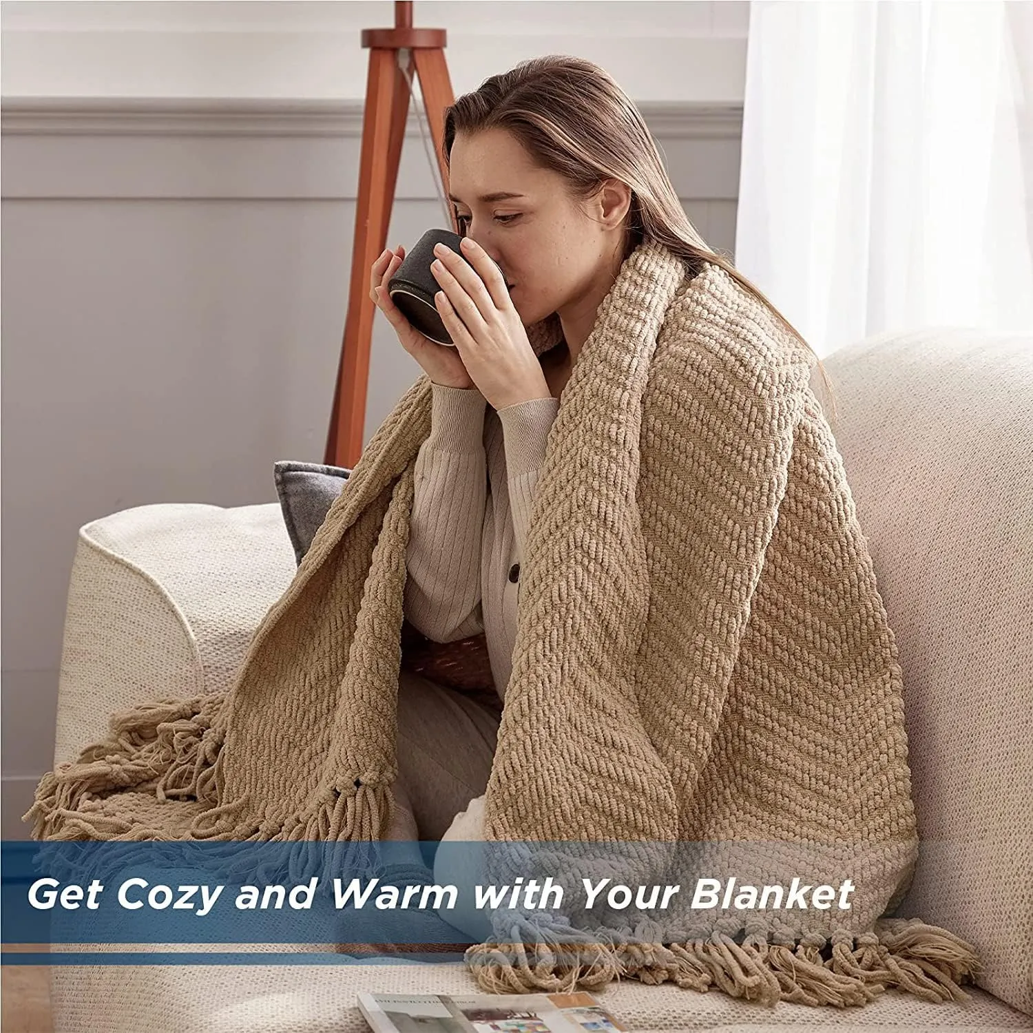 Bedsure Throw Blankets for Couch - Textured Chunky Knit Woven Chenille Blanket - Super Soft, Warm Decorative Boho Throw with Tassels for Bed, Sofa and Living Room Decor, Khaki, 50x60 Inches