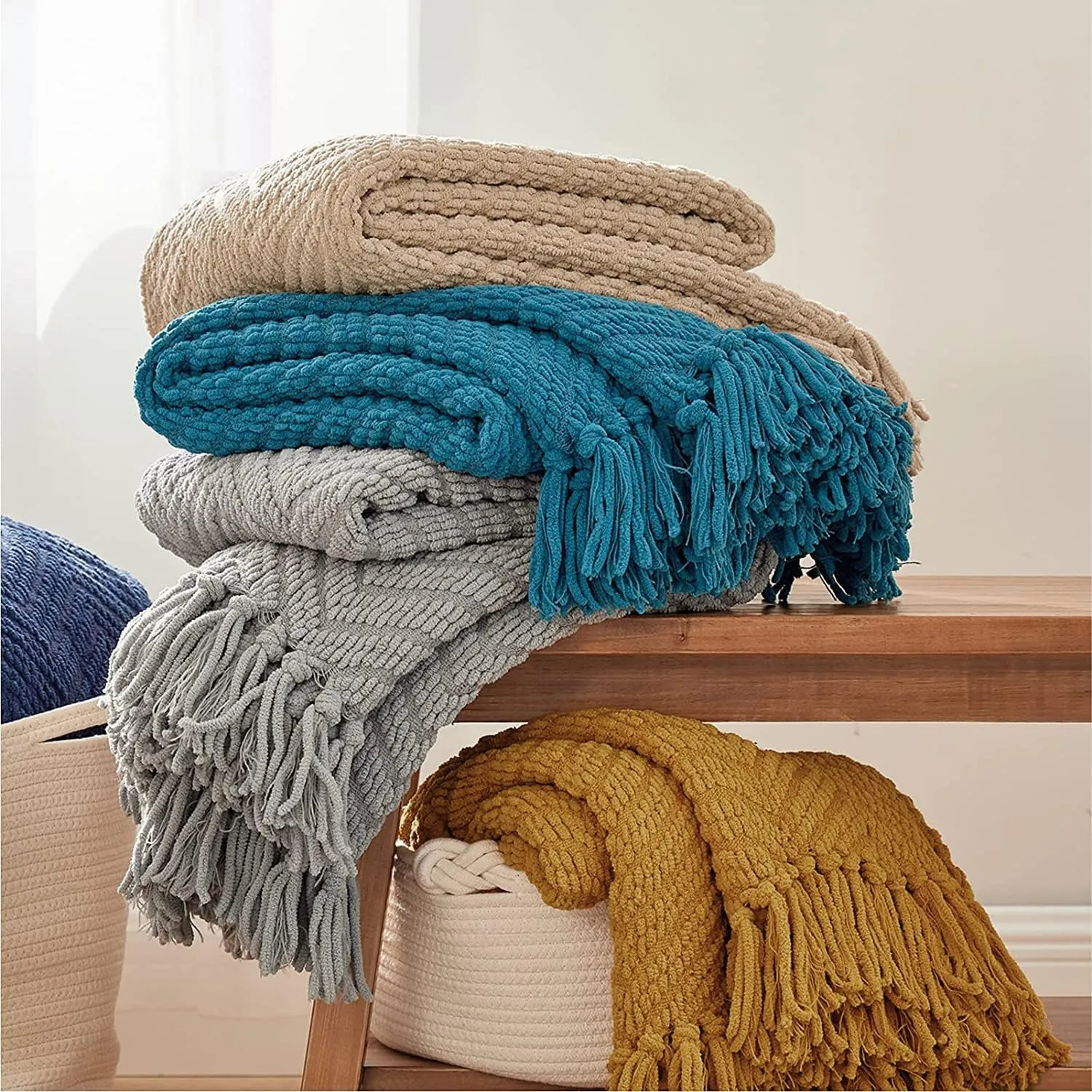 Bedsure Throw Blankets for Couch - Textured Chunky Knit Woven Chenille Blanket - Super Soft, Warm Decorative Boho Throw with Tassels for Bed, Sofa and Living Room Decor, Khaki, 50x60 Inches