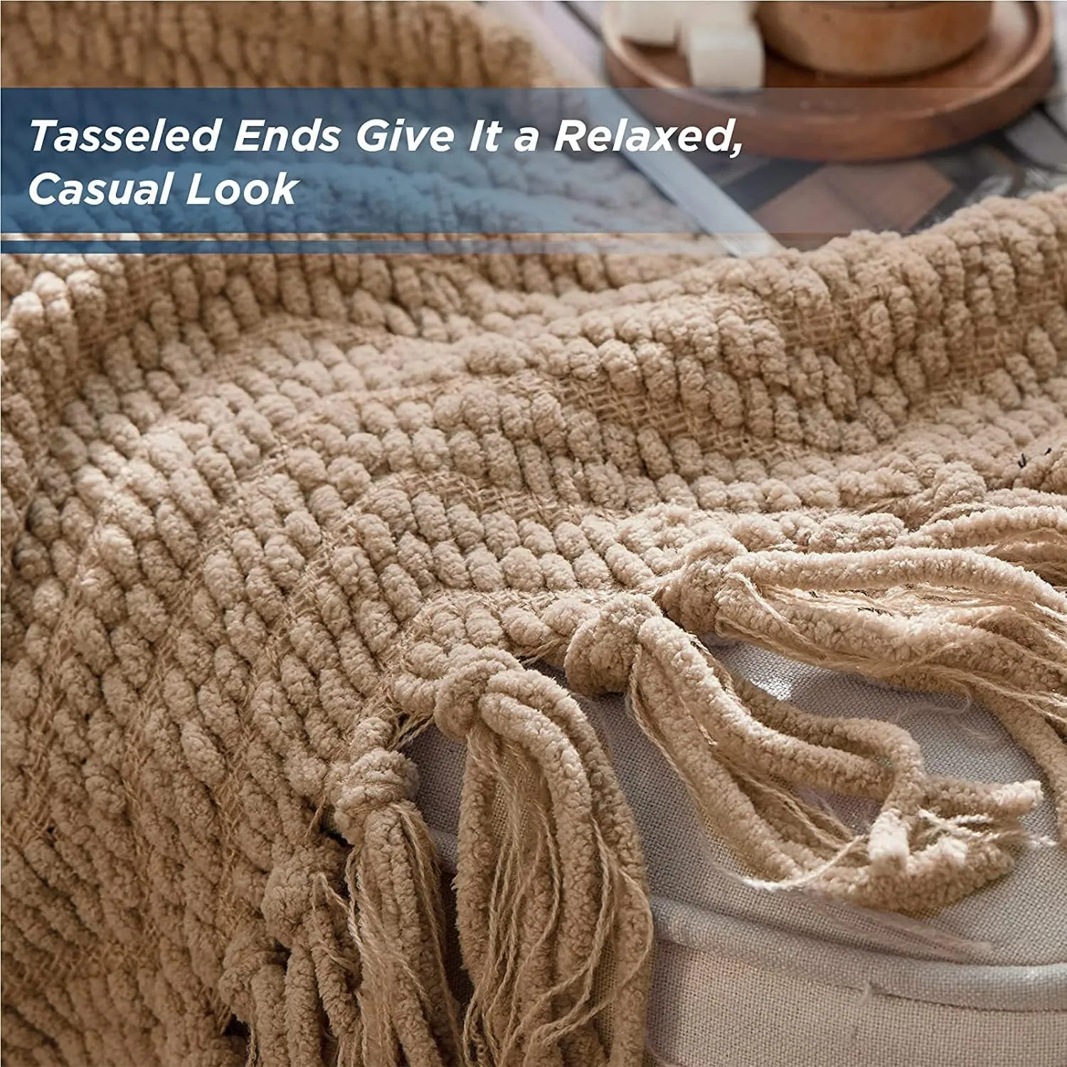 Bedsure Throw Blankets for Couch - Textured Chunky Knit Woven Chenille Blanket - Super Soft, Warm Decorative Boho Throw with Tassels for Bed, Sofa and Living Room Decor, Khaki, 50x60 Inches