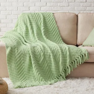 Bedsure Throw Blankets for Couch - Textured Chunky Knit Woven Chenille Blanket - Super Soft, Warm Decorative Boho Throw with Tassels for Bed, Sofa and Living Room Decor, Light Green, 50x60 Inches