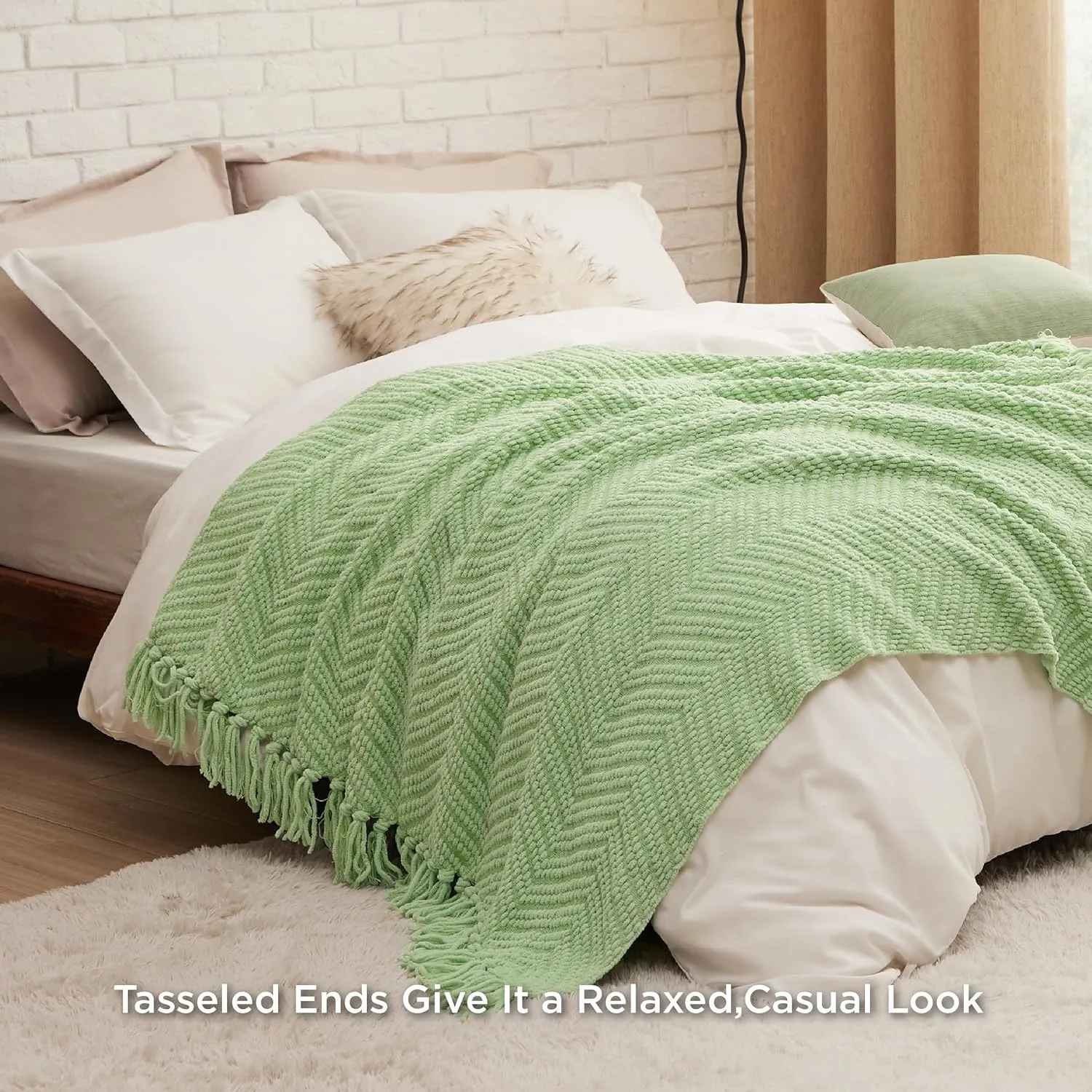 Bedsure Throw Blankets for Couch - Textured Chunky Knit Woven Chenille Blanket - Super Soft, Warm Decorative Boho Throw with Tassels for Bed, Sofa and Living Room Decor, Light Green, 50x60 Inches