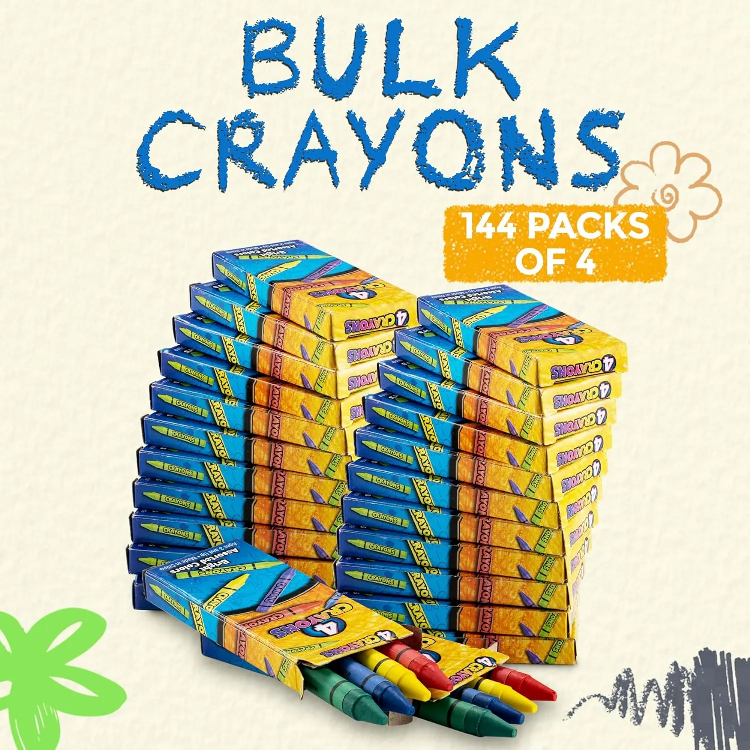 Bedwina Bulk Crayons - 576 Crayons - Case of 144 4-Packs, Premium Color Crayons Bulk School Supplies for Kids and Toddlers Bulk Non-Toxic for Party Favors, Restaurants, Goody Bags Stocking Stuffers