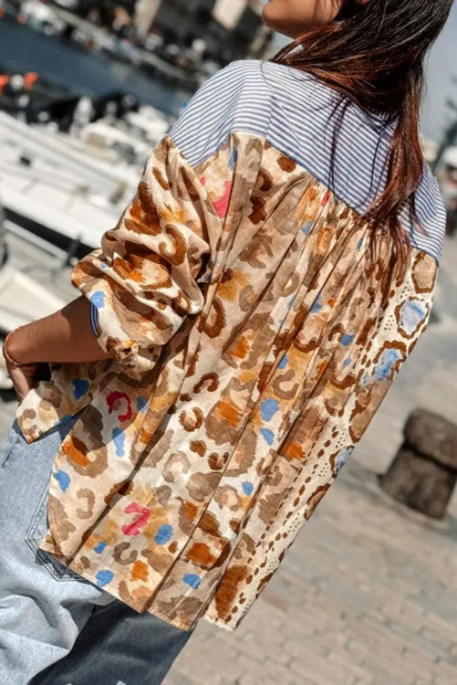 Beige Colorful Leopard Striped Print Patchwork V Neck Shirt