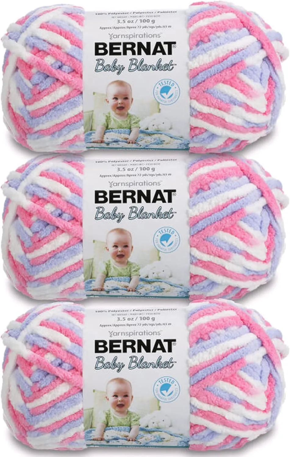 Bernat Baby Blanket Pink/Blue Ombre Yarn - 3 Pack of 100g/3.5oz - Polyester - 6 Super Bulky - 72 Yards - Knitting/Crochet