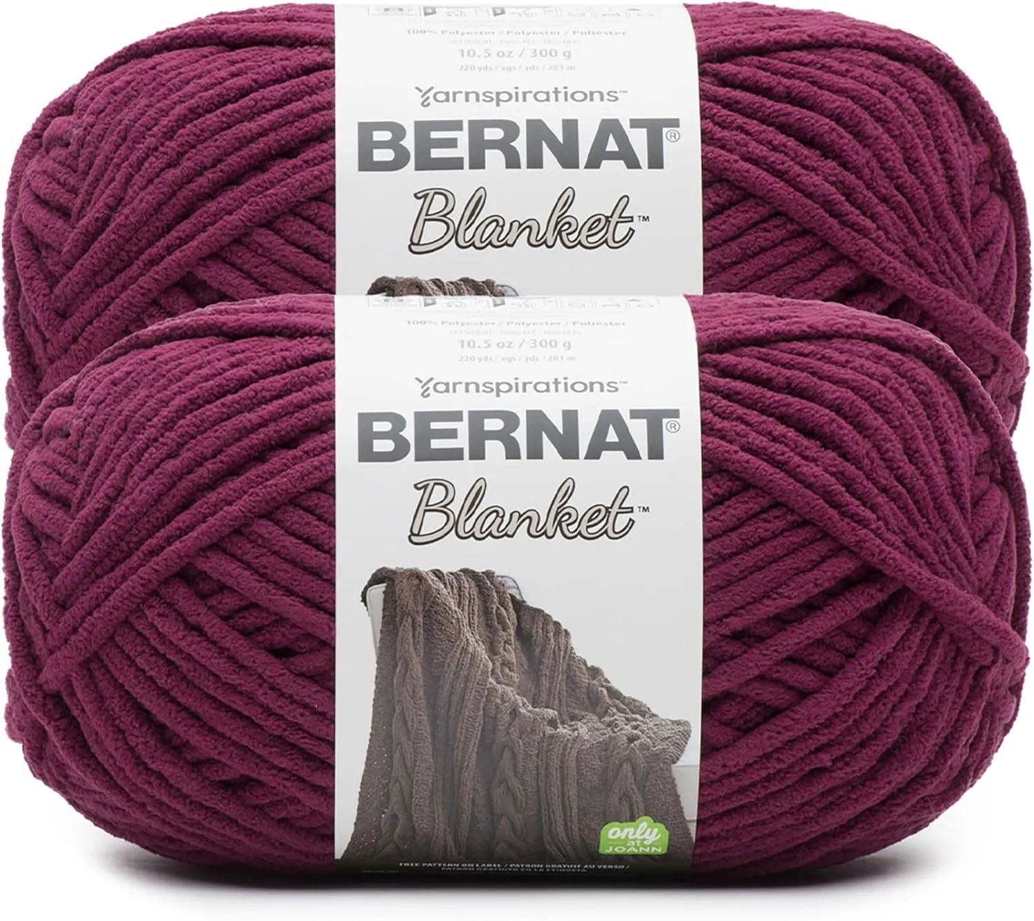 Bernat Blanket BB Burgundy Plum Yarn - 2 Pack of 300g/10.5 oz - 100% Polyester - #6 Super Bulky - 220 Yards - Knitting/Crochet