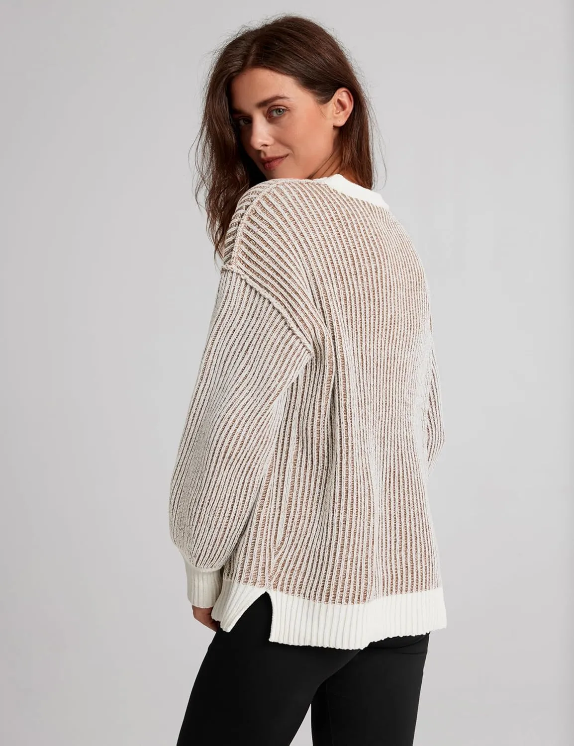 Beyond Chenille Sweater for Women 2024 Winter Crew Neck Pullover Sweater Color Block Knit Tops