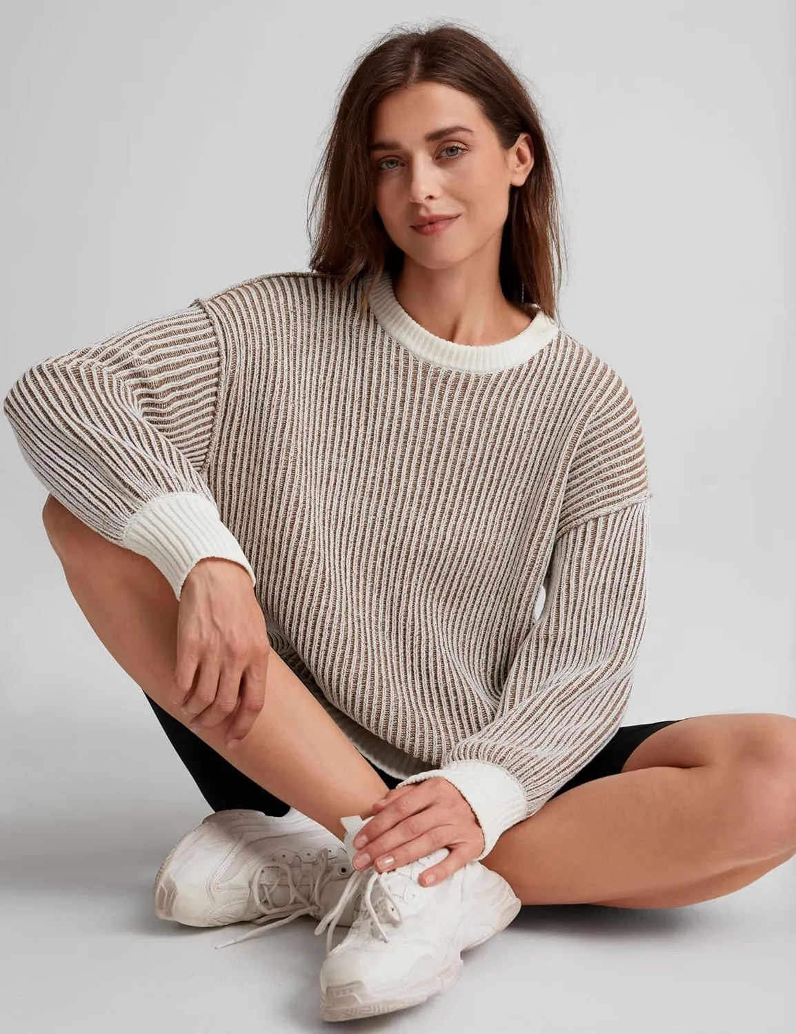 Beyond Chenille Sweater for Women 2024 Winter Crew Neck Pullover Sweater Color Block Knit Tops