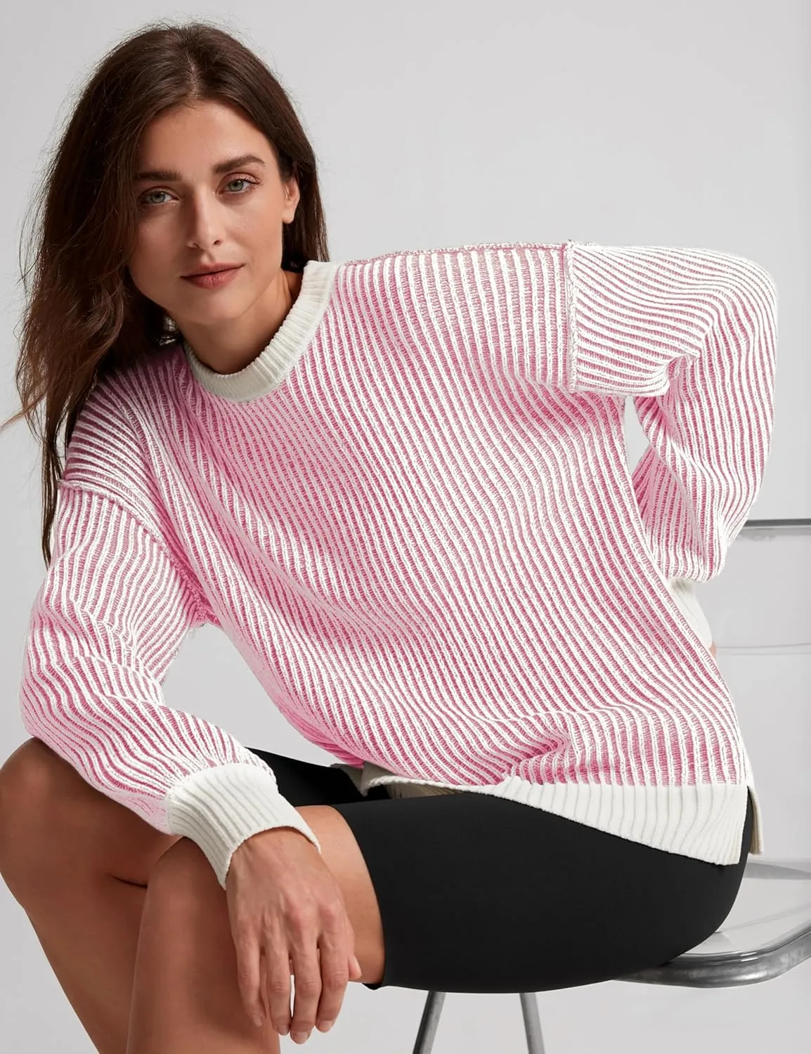 Beyond Chenille Sweater for Women 2024 Winter Crew Neck Pullover Sweater Color Block Knit Tops